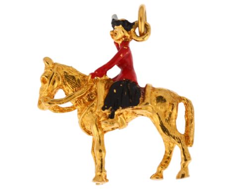 A late 20th century 9ct gold and enamel Trooping The Colour charm, maker AJH, Birmingham 1972, 25mm, 4.4gNo damage or repair,