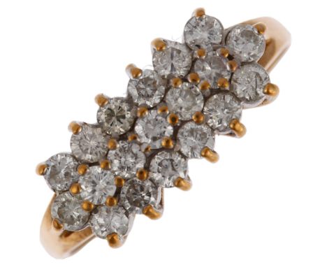 A modern 9ct gold diamond triple-row dress ring, setting height 7.4mm, size P, 2.2gNo damage or repair, all stones present, d