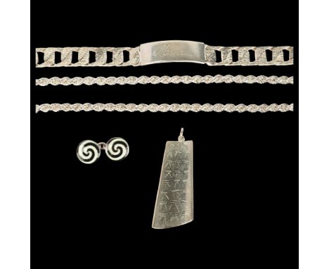 Various silver jewellery, including heavy textures identity bracelet, 20cm, Deakin & Francis spiral single cufflink, rope twi