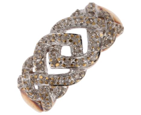 A modern 9ct gold diamond knot band ring, setting height 9.4mm, size O, 3.3gNo damage, all stones present, diamonds heavily i