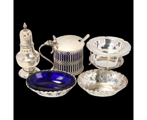 Various silver and plate, including mustard pot with blue glass liner, pepperette etc, 4.8oz weighableLot sold as seen unless