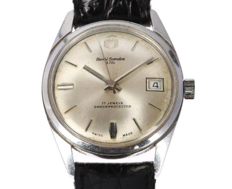 HENRI SANDOZ & FILS - a Vintage stainless steel mechanical wristwatch, silvered dial with applied baton hour markers, sweep c