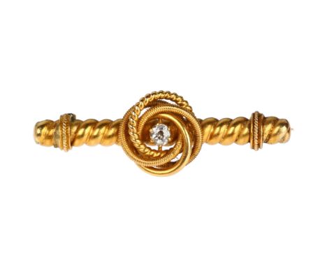 A Victorian Etruscan Revival diamond bar brooch, unmarked yellow metal settings, old European-cut diamond, 35.5mm, 3.8gNo dam