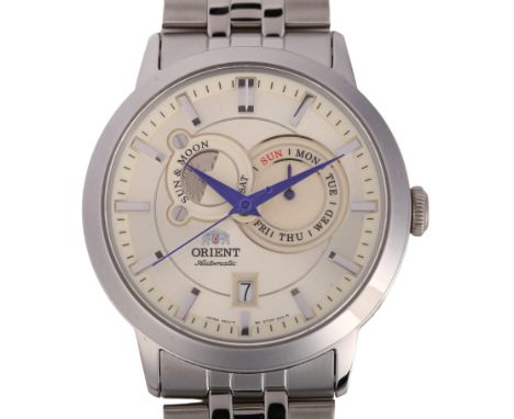ORIENT - a stainless steel Sun and Moon automatic calendar bracelet watch, ref. ET0P-C0-A, silvered dial with baton hour mark