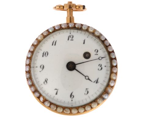 A 19th century French 18k gold red enamel and split pearl key-wind fob watch, circa 1860, white enamel dial with hand painted