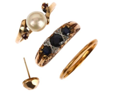 Various gold jewellery, comprising 22ct wedding band (1.2g), 9ct rings and earring (5.1g gross)Lot sold as seen unless specif