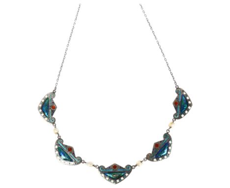 An Arts and Crafts silver enamel and baroque pearl panel necklace, planished panels with peacock enamel decoration, patent no