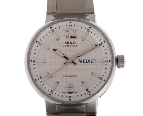 MIDO - a stainless steel Great Wall automatic calendar chronometer bracelet watch, ref. M017631, silvered dial with applied b