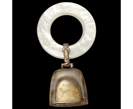 An Art Deco American sterling silver and mother-of-pearl baby's rattle and teething ring, diameter 4.5cmNo damage or repair 