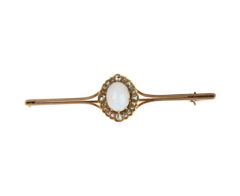 A Victorian 15ct gold opal and diamond cluster bar brooch, the central oval cluster claw set with oval cabochon white opal su