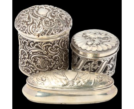 3 silver dressing table boxes, including Art Nouveau peacock jewel box, Birmingham 1901, and tortoiseshell lined box, Birming