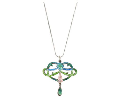 An Art Nouveau silver and enamel openwork pendant necklace, maker HP, Birmingham 1909, on silver chain, pendant 41.3mm, chain