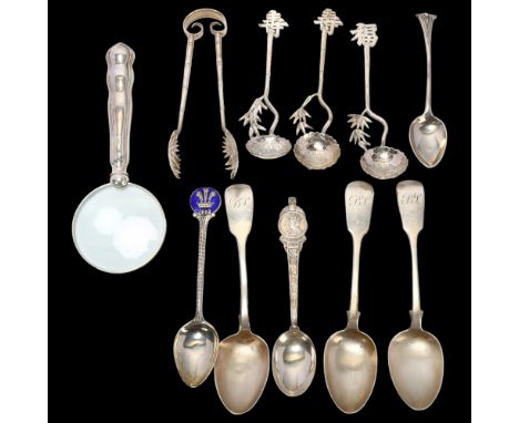 Various silver, including Chinese export bamboo spoons, Wang Hing sugar tongs, magnifying glass etc, 3.2oz weighableLot sold 