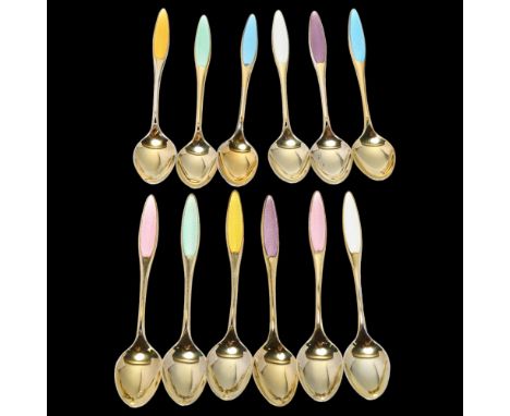 FRIGAST - a set of 12 Danish vermeil sterling silver and harlequin enamel coffee spoons, 9.5cmNo damage or repair, no enamel 
