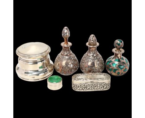 Various silver, including dressing table box, silver overlaid glass scent bottles, etc, 3.9oz weighableLot sold as seen unles