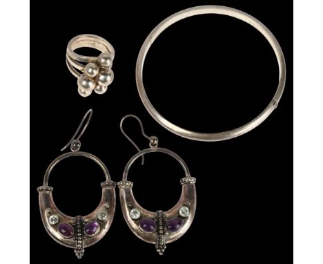 Various silver jewellery, including hinged bangle, earrings and ring, size N, 32.6g total (3)No damage or repair, only light 
