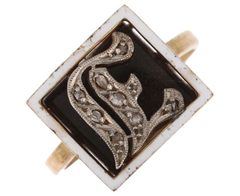 An Art Deco onyx enamel and diamond initial J panel ring, unmarked gold settings, setting height 13mm, size I/J, 3.8gRing has