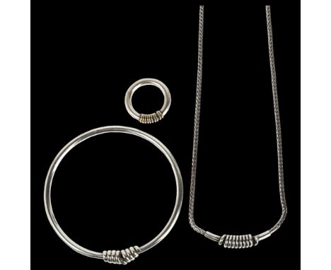 RICHARD AABOE - a Danish sterling silver Viking Revival ring and similar necklace and bangle set, ring size L, necklace 40cm,