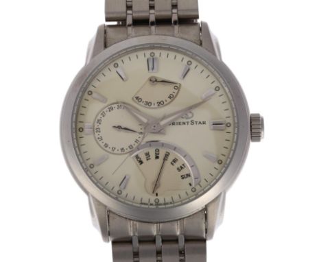 ORIENT - a stainless steel Orient Star automatic calendar bracelet watch, ref. DE00-C0-B, cream dial with applied tapered bat