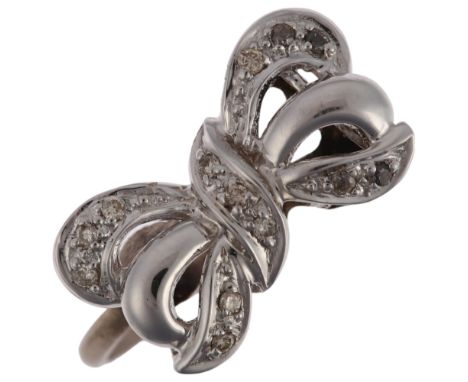 An 18ct white gold diamond ribbon bow dress ring, setting height 10.7mm, size R, 3.9gRing has been re-purposed from a brooch/