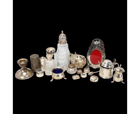 Various silver, including tankard mustard pot, cruet set, Arabic photo frame, etc, 10.9oz weighableLot sold as seen unless sp