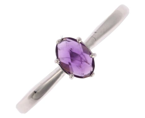 A modern 9ct white gold solitaire amethyst ring, setting height 6.6mm, size M, 1.8gNo damage or repair, hallmarks clear, stam