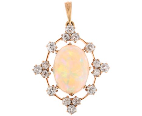 An opal and diamond openwork pendant, unmarked gold claw settings with 5ct high oval cabochon opal surrounded by old European