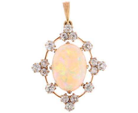 An opal and diamond openwork pendant, unmarked gold claw settings with 5ct high oval cabochon opal surrounded by old European