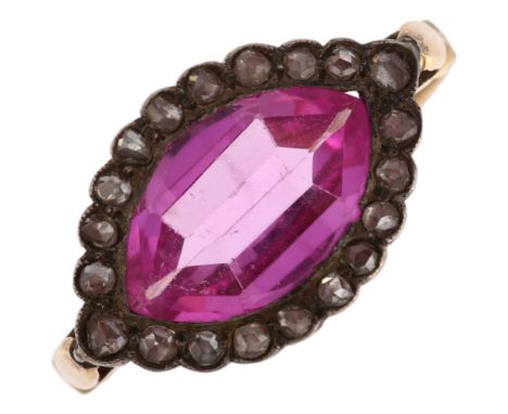 A synthetic pink sapphire and diamond marquise cluster eye ring, unmarked gold and silver settings with marquise barrel-cut s