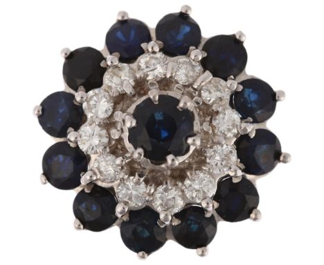 An 18ct white gold sapphire and diamond flowerhead cluster ring, set with round-cut sapphires and modern round brilliant-cut 