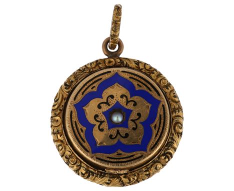 A Georgian split pearl and enamel 'forget-me-not' pendant, unmarked yellow metal settings with engine turned decoration and r