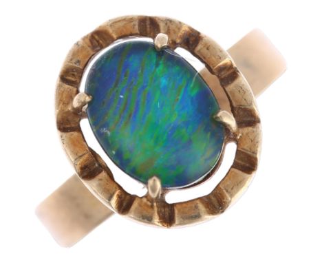 A 9ct gold opal triplet dress ring, setting height 13.1mm, size L, 2.7gRing head slightly bent down on 1 side, otherwise no d