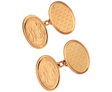 A pair of 9ct gold oval cufflinks, maker SB, with engine turned decoration, 18.8mm, 14.1gNo damage or repairs, 1 panel on eac