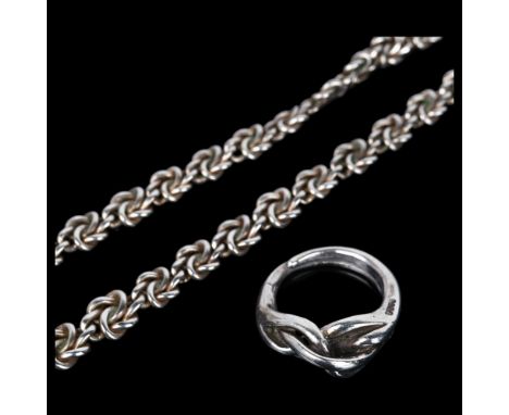 A similar Danish sterling silver knot necklace and ring, makers include Bernhard Hertz, necklace 40cm, ring size M, 39.4g tot