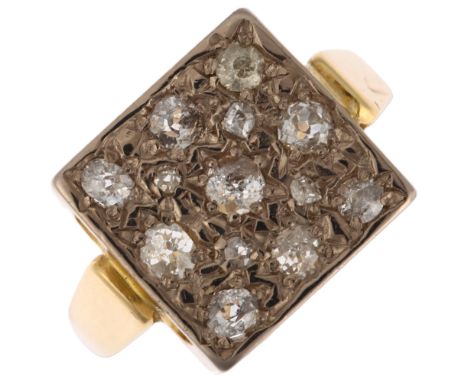 An 18ct gold diamond square cluster panel ring, set with old European and rose-cut diamonds, total diamond content approx 0.5