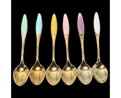 FRIGAST - a set of 6 Danish vermeil sterling silver and harlequin enamel coffee spoons, 9.5cmNo damage or repair, no enamel l