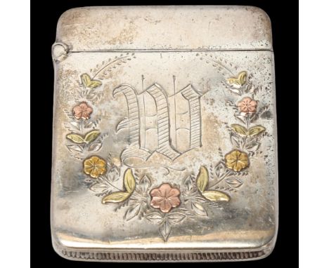 A Continental sterling silver and two-colour gold Vesta case, 6cm x 5cm, 1.1ozA few very light dents to backing, hinged lid w