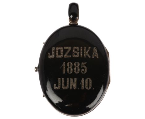 A Victorian Jewish black enamel locket pendant, engraved "Jozika 1885 June 10th", apparently unmarked, 57.5mm, 30gEnamel has 