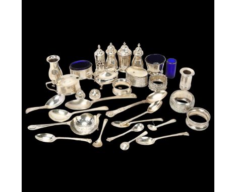 Various silver, including cruet set, tea strainer, napkin rings etc, 18.5oz weighableLot sold as seen unless specific item(s)