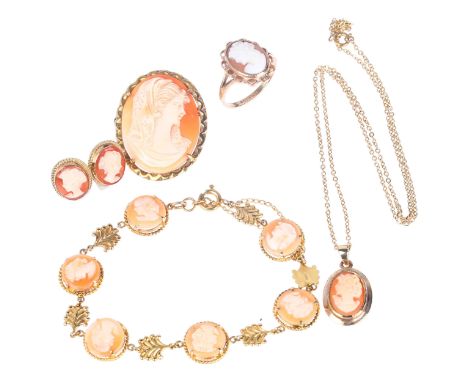 A 9ct gold shell cameo jewellery set, comprising bracelet, ring, brooch, pendant necklace and pair of earrings, size R, brace