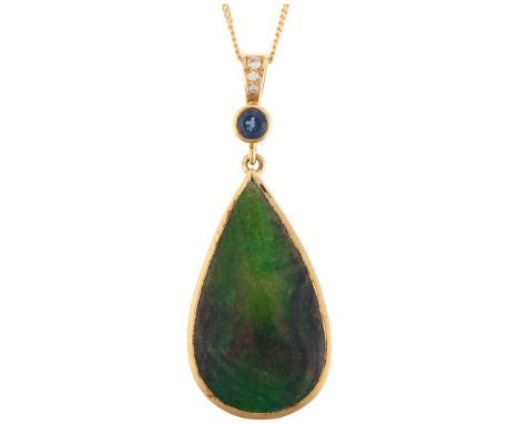 A large 18ct gold boulder opal sapphire and diamond drop pendant necklace, rub-over set with 11ct pear cabochon opal, 0.5ct r