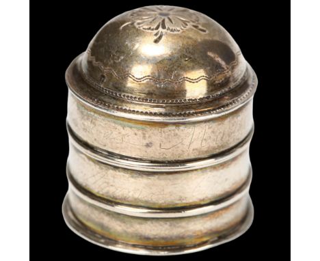 A George III miniature silver spice tower form vinaigrette, Joseph Willmore?, Birmingham 1802, cylindrical form with engraved