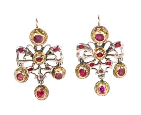 A pair of Georgian silver and gold ruby and diamond Girandole earrings, circa 1790, later retailed by Edward Tessier of Londo