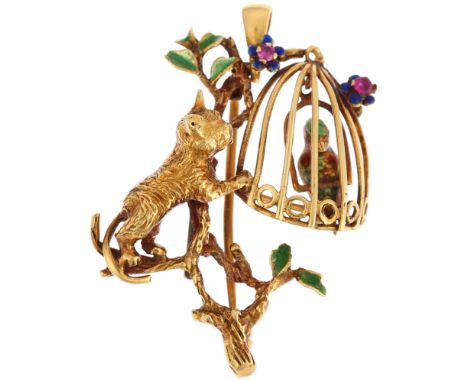 A mid-20th century 18ct gold figural cat and parrot pendant/brooch, maker RHB, import Birmingham 1960, realistically modelled