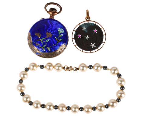 Various jewellery, comprising gem set coin pendant, enamel fob watch and pearl bracelet (3)Lot sold as seen unless specific i