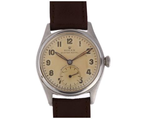 ROLEX - a stainless steel Oyster Royal mechanical wristwatch, ref. 4444, circa 1958, silvered dial with Arabic numerals, blue