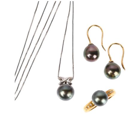 A 9ct gold whole black cultured pearl jewellery set, comprising ring, pendant necklace and pair of earrings, size K, chain 40