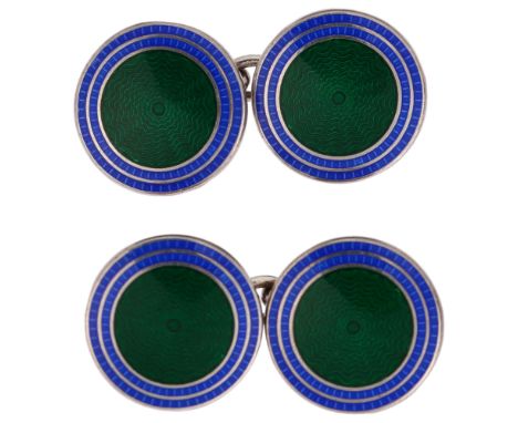 A pair of sterling silver and enamel circular cufflinks, by Deakin & Francis, Birmingham 1997, 14.4mm, 12.9gNo damage or repa
