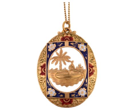 An Eastern gold and enamel pendant necklace, pierced and engraved decoration with unmarked fine curb link chain, pendant 36.8