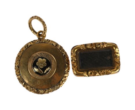 A Georgian Regency gold and black enamel 'forget-me-not' mourning locket, and a small Georgian mourning brooch, pendant 32.5m